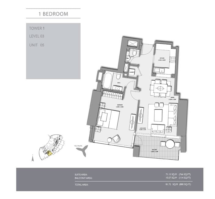 1 bedroom · Tower 1 · 880 sq ft floor plan