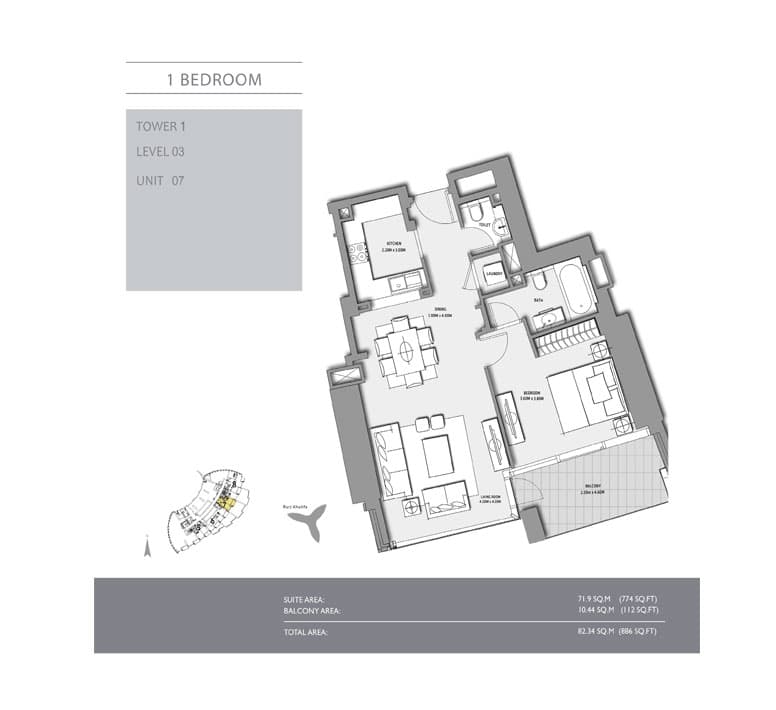 1 bedroom · Tower 1 · 886 sq ft floor plan