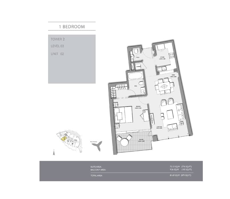 1 bedroom · Tower 2 · 879 sq ft floor plan