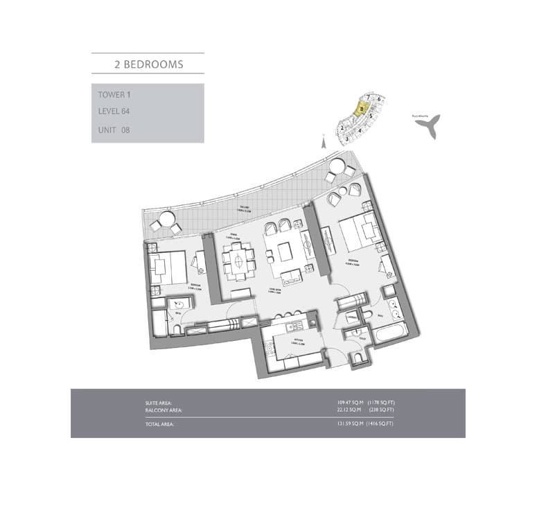 2 bedroom · Tower 1 · 1416 sq ft floor plan