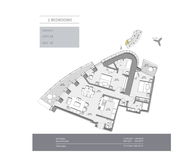2 bedroom · Tower 1 · 1482 sq ft floor plan
