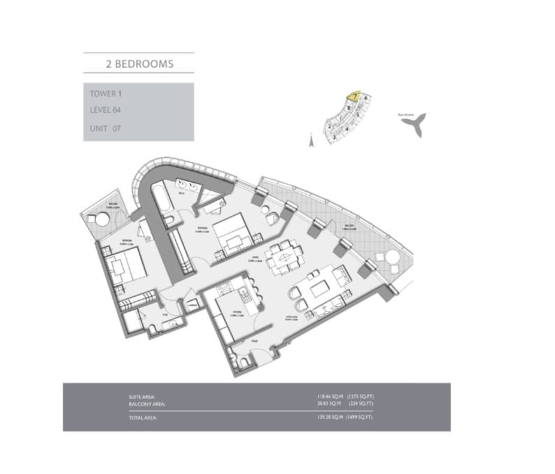 2 bedroom · Tower 1 · 1499 sq ft floor plan