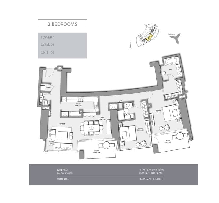 2 bedroom · Tower 1 · 1646 sq ft floor plan