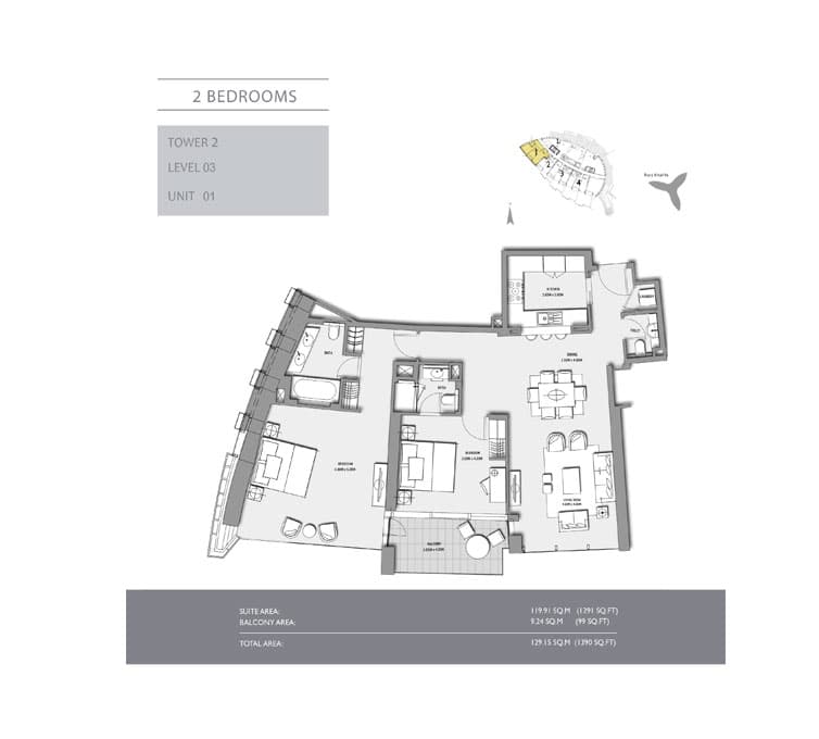 2 bedroom · Tower 2 · 1390 sq ft floor plan