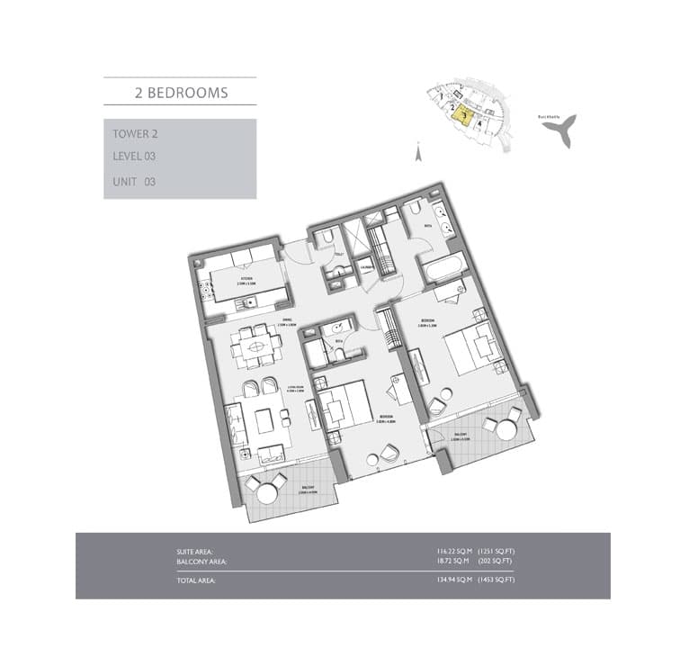 2 bedroom · Tower 2 · 1453 sq ft floor plan