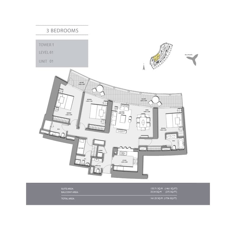3 bedroom · Tower 1 · 1736 sq ft floor plan