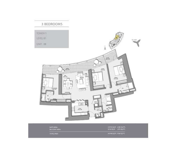 3 bedroom · Tower 1 · 1760 sq ft floor plan
