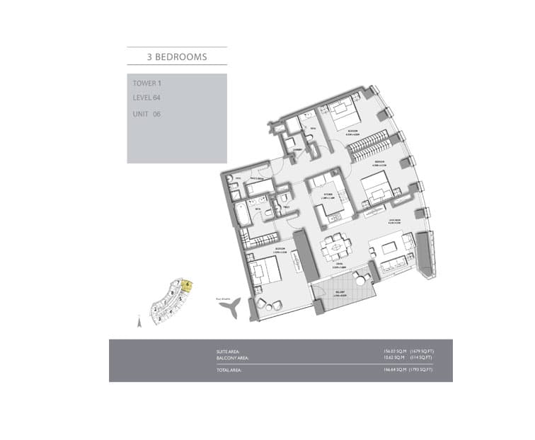 3 bedroom · Tower 1 · 1793 sq ft floor plan