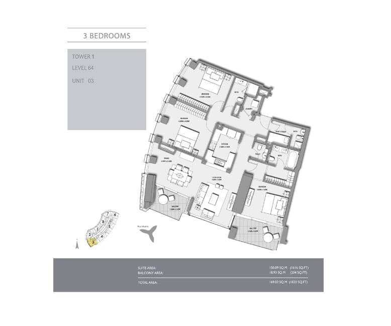 3 bedroom · Tower 1 · 1820 sq ft floor plan