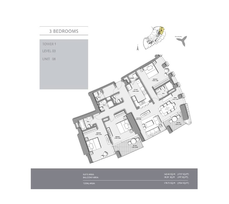 3 bedroom · Tower 1 · 1924 sq ft floor plan