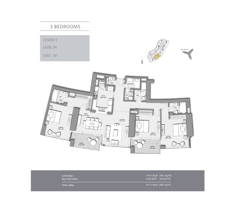 3 bedroom · Tower 1 · 2057 sq ft floor plan