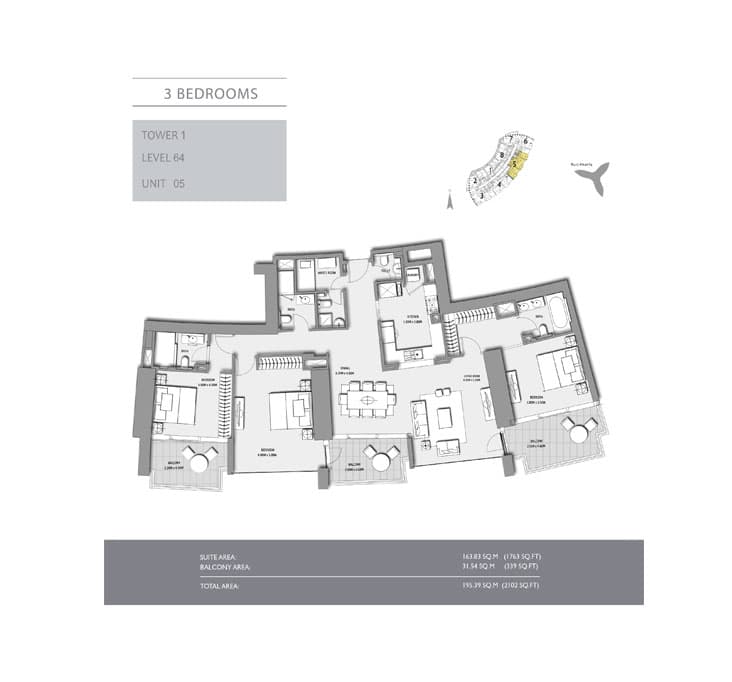 3 bedroom · Tower 1 · 2102 sq ft floor plan